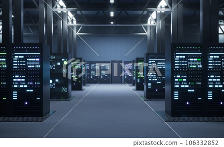 Empty data center housing thousands of blade servers, storage devices and networking infrastructure. Mainframes providing large amounts of computing power, 3D render animation 106332852