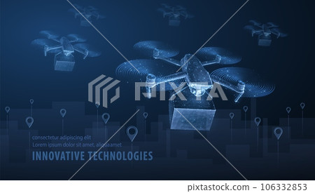 Drone. Low pole 3D drone on cityscape with pins. Futuristic box delivery, aerial technology 106332853