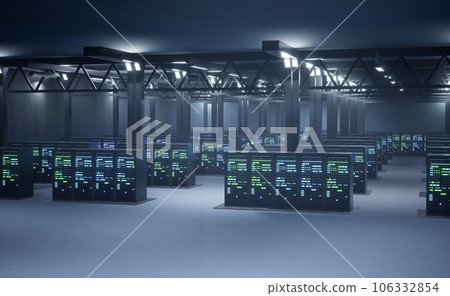 Interlinked computers creating server network, providing required memory and operating speeds for complex computational operations, Data center with connected hardware, 3D render animation 106332854