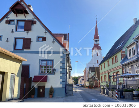 Beautiful houses of the old town on a clear sunny day in the city of Panu, Estonia 106333006
