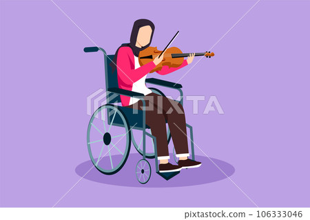 Character flat drawing disability and music. Beautiful Arab woman in wheelchair plays violin. Physically disabled. Person in hospital. Rehabilitation center patient. Cartoon design vector illustration Character flat drawing disability and music. Beautiful Arab woman in wheelchair plays violin. Physically disabled. Person in hospital. Rehabilitation center patient. Cartoon design vector illustration 106333046