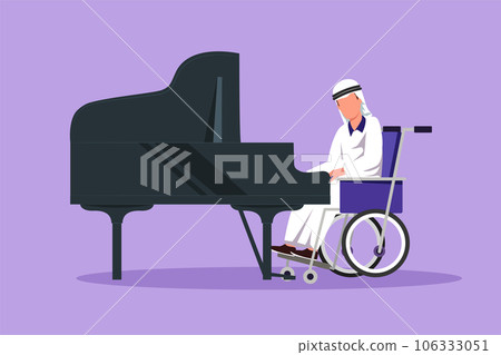 Character flat drawing disabled Arab man in wheelchair playing piano in concert. Disability and classical music. Physically disabled. Rehabilitation center patient. Cartoon design vector illustration 106333051