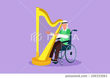Graphic flat design drawing of young Arabian man sitting in wheelchair plays harp in concert. Disability and classical music. Physically disabled. Person in hospital. Cartoon style vector illustration Graphic flat design drawing of young Arabian man sitting in wheelchair plays harp in concert. Disability and classical music. Physically disabled. Person in hospital. Cartoon style vector illustration 106333061