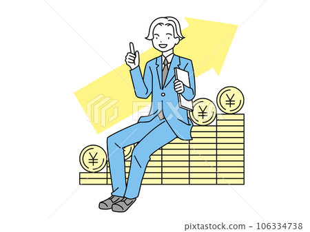 A man in a suit sitting on a pile of coins Image of money increasing 106334738