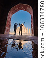two gay lover standing in front of Taj Mahal indian palace. Islam architecture. 106334780