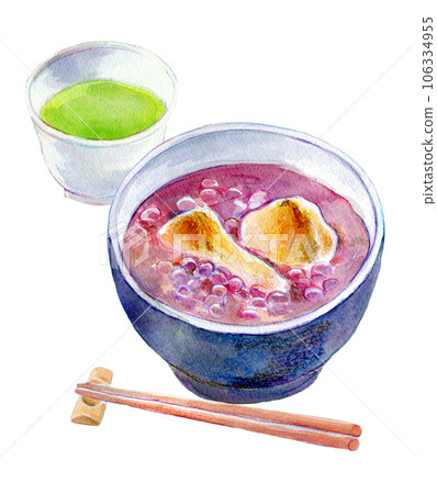 Zenzai and green tea set watercolor illustration 106334955