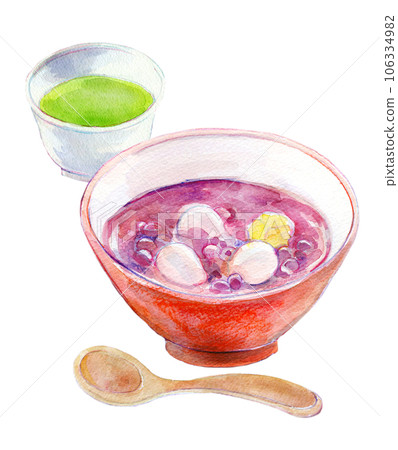 Shiratama zenzai and green tea set watercolor illustration 106334982