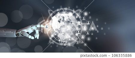 The Future global business connection with Artificial intelligence concept. Robot hand pointing the global connection with connecting people orbit around the world. World map and connecting people. The Future global business connection with Artificial intelligence concept. Robot hand pointing the global connection with connecting people orbit around the world. World map and connecting people. 106335886