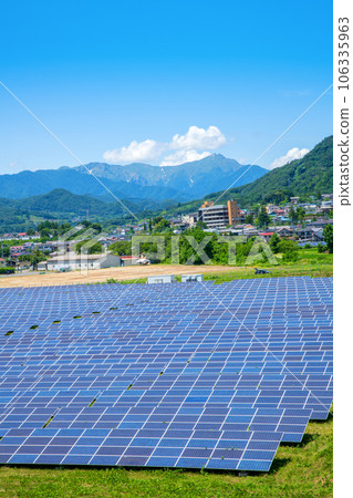 Tanigawa mountain range Solar panels View from Tsukiyono Ohashi Bridge 106335963