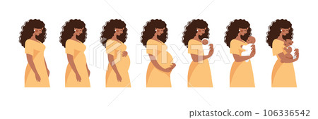 Stages of pregnancy, fetal development from conception to birth, infographics. Pregnant black woman, Arab mom with baby. Set of vector illustration isolated on white background. 106336542