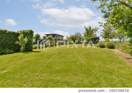 an outdoor area with green grass, trees and blue sky in the photo is taken from behind it on a sunny day an outdoor area with green grass, trees and blue sky in the photo is taken from behind it on a sunny day 106336638