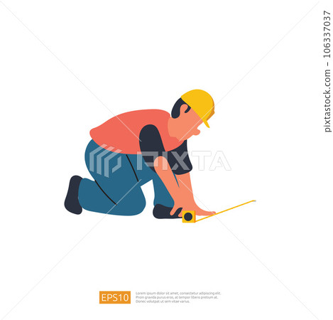 Construction Builder Measures Using Tape Measure. Renovation and construction Character in Isolation White background. vector illustration 106337037