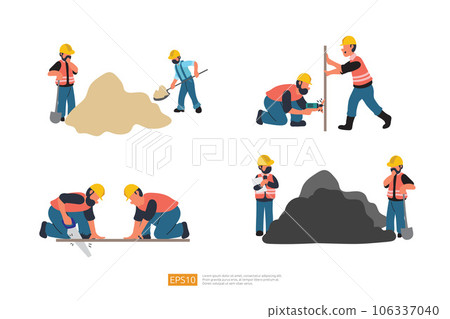 Construction Builder Character Set. digging sand Material with Shovel, Hand Drill work, saws a board with a hand saw. Vector Illustration of Construction Worker Construction Builder Character Set. digging sand Material with Shovel, Hand Drill work, saws a board with a hand saw. Vector Illustration of Construction Worker 106337040