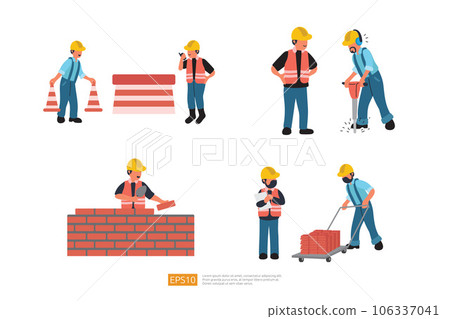 Construction Builder Character Set. installs fencing warning cones on road, worker drills road surface with jackhammer, Building Brick Wall, Carrying Brick. Vector Illustration of Construction Worker Construction Builder Character Set. installs fencing warning cones on road, worker drills road surface with jackhammer, Building Brick Wall, Carrying Brick. Vector Illustration of Construction Worker 106337041