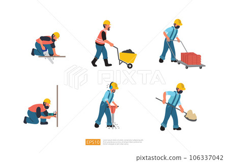 Construction Builder Character Set. Builder with Shovel, Worker with Wheelbarrow Carrying Sand, Hand Drill Work, Wheelbarrow Carrying Brick, Working With Jackhammer. Vector Illustration Construction 106337042