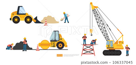 Construction site. bulldozer, lifter crane vehicle, road roller. heavy equipment and Builder or worker set. Vector illustration in flat tyle. 106337045
