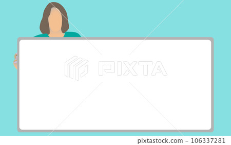 The woman is holding blank whiteboard from behind , copy space vector illustration background. copy space mockup template display The woman is holding blank whiteboard from behind , copy space vector illustration background. copy space mockup template display 106337281