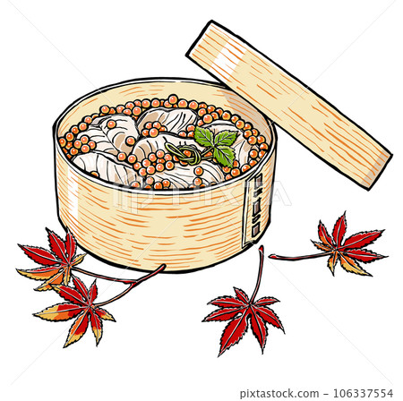 Salmon and salmon roe harako rice packed in a Magewappa bento box and maple leaves in autumn colors brushed and matte 106337554