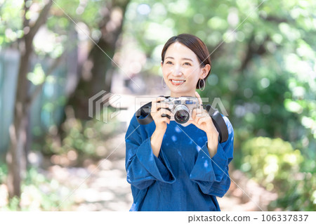 woman with camera outdoors woman with camera outdoors 106337837