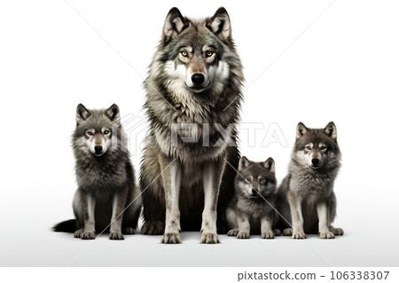 Image of family group of wolfs on white background. Wildlife Animals. Illustration, Generative AI. Image of family group of wolfs on white background. Wildlife Animals. Illustration, Generative AI. 106338307