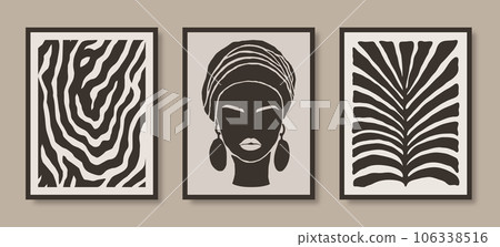 Abstract Vector Posters with African Woman, Palm Leaf and Zebra Stripes. Modern Art Print in Minimalist Style. 106338516