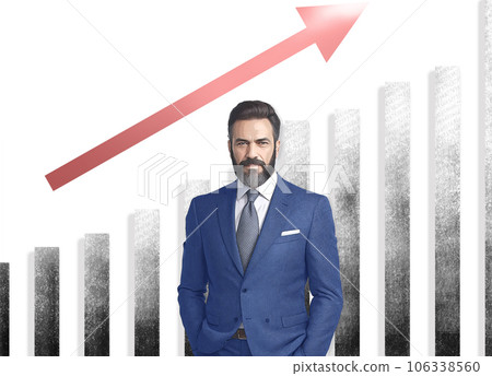 Image illustration of a businessman and a bar graph that steadily increases performance "AI generated image" 106338560