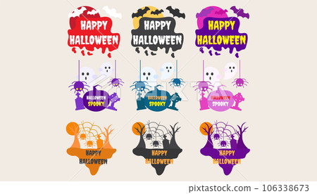 Collection icon with Halloween party text, tombs and bats.set of text halloween. Collection icon with Halloween party text, tombs and bats.set of text halloween. 106338673