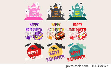 Collection icon with Halloween party text, tombs and bats.set of text halloween. Collection icon with Halloween party text, tombs and bats.set of text halloween. 106338674