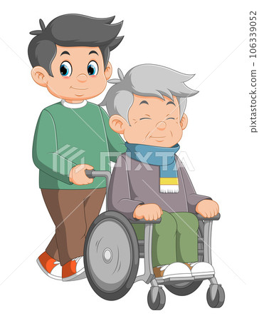The old man on a wheelchair and his adult son of illustration The old man on a wheelchair and his adult son of illustration 106339052