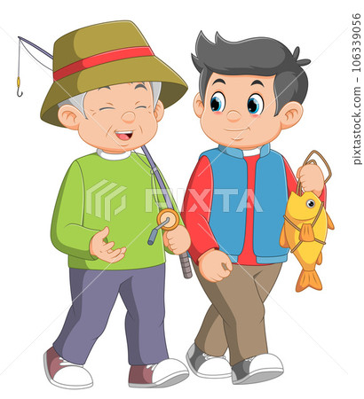 Happy senior father talking to his son while fishing of illustration 106339056