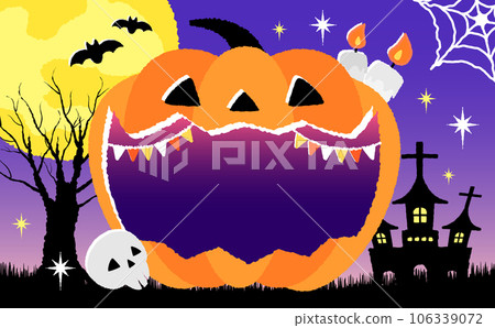 Pop hand drawn style big mouth pumpkin Halloween title frame background material_purple with copy space Pop hand drawn style big mouth pumpkin Halloween title frame background material_purple with copy space 106339072