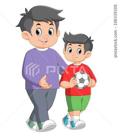 with father and son playing soccer of illustration with father and son playing soccer of illustration 106339108