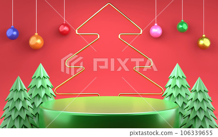 3D rendering Christmas ornaments and podium on red background, 3d illustration Christmas and New year festival for product display 3D rendering Christmas ornaments and podium on red background, 3d illustration Christmas and New year festival for product display 106339655