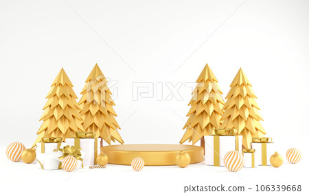 3D rendering christmas ornaments and gold podium on white background, 3d illustration christmas concept 3D rendering christmas ornaments and gold podium on white background, 3d illustration christmas concept 106339668