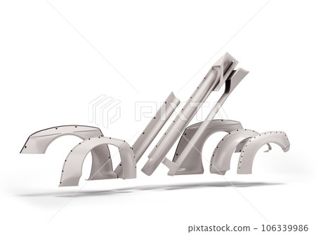 Sport car custom upgrade kit set of details for body bumpers 3d render on white Sport car custom upgrade kit set of details for body bumpers 3d render on white 106339986