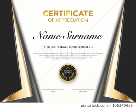 certificate of achievement template black and gold color with luxury and modern style vector image. awards diploma of work. illustration gift card design. certificate of achievement template black and gold color with luxury and modern style vector image. awards diploma of work. illustration gift card design. 106340486