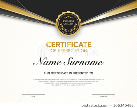 certificate of achievement template black and gold color with luxury and modern style vector image. awards diploma of work. illustration gift card design. 106340492