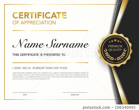 certificate of achievement template black and gold color with luxury and modern style vector image. awards diploma of work. illustration gift card design. 106340495