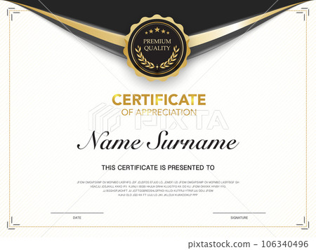 certificate of achievement template black and gold color with luxury and modern style vector image. awards diploma of work. illustration gift card design. 106340496