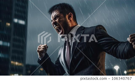 Shouting in the rain at night, Asian businessman doing a guts pose, victory, hatred, hatred, resentment, frustration, betrayal 106340767