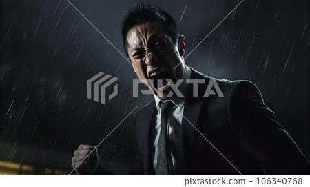 Shouting in the rain at night, Asian businessman doing a guts pose, victory, hatred, hatred, resentment, frustration, betrayal 106340768