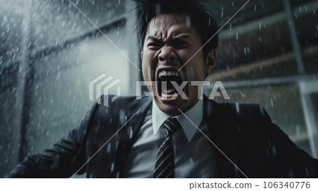 In the rain at night, screaming in anger at work stress, angry Asian businessman, hatred, hatred, resentment, frustration, betrayal 106340776