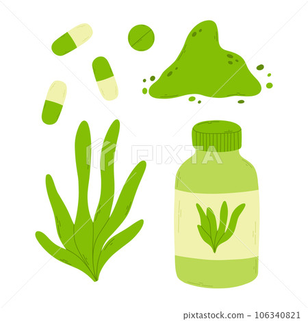 Spirulina set isolated on white background. Spirulina medicine collection. Vector illustration. Spirulina set isolated on white background. Spirulina medicine collection. Vector illustration. 106340821