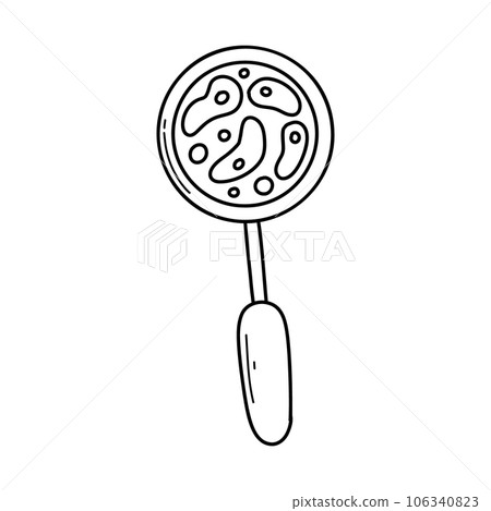 Vector magnifier with bacteria, microbes in doodle style isolated on white background. Linear magnifier. Vector magnifier with bacteria, microbes in doodle style isolated on white background. Linear magnifier. 106340823
