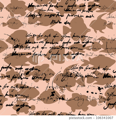Seamless pattern Tropical fishes silhouette style, unreadable text, handwritten text 106341007