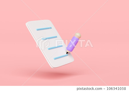 3d paper with pencil for studying isolated on pink background. back to school, education, writing concept, 3d render illustration 3d paper with pencil for studying isolated on pink background. back to school, education, writing concept, 3d render illustration 106341038