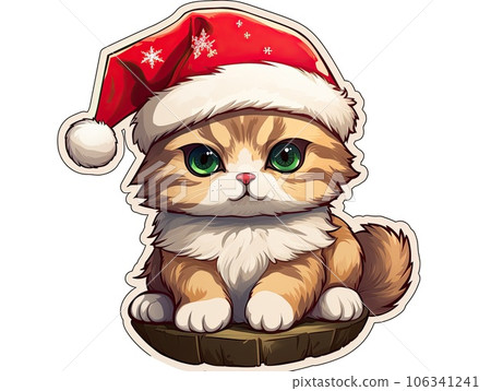 Cute Christmas Santa Claus kitten cat sticker manga style, 2d game art. Santa cat Sticker in pastel colors. Christmas animals, winter, holidays. 106341241