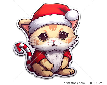 Cute Christmas Santa Claus kitten cat sticker manga style, 2d game art. Santa cat Sticker in pastel colors. Christmas animals, winter, holidays. 106341256