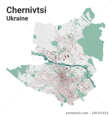 Chernivtsi map, oblast center city in Ukraine. Municipal administrative area map with buildings, rivers and roads, parks and railways. Chernivtsi map, oblast center city in Ukraine. Municipal administrative area map with buildings, rivers and roads, parks and railways. 106341818