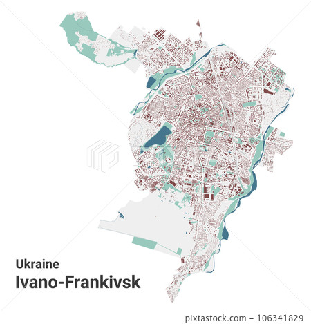 Ivano-Frankivsk map, oblast center city in Ukraine. Municipal administrative area map with buildings, rivers and roads, parks and railways. 106341829